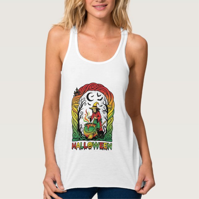 Halloween Witch Cauldron Brewing Black Cat Spooky  Singlet (Front)