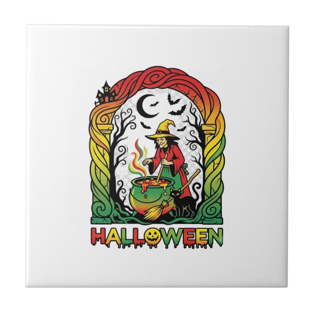 Halloween Witch Cauldron Brewing Black Cat Spooky  Tile (Front)