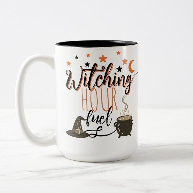 Halloween Witch Cauldron Orange Stars  Two-Tone Coffee Mug (Left)