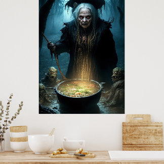 Halloween Witch Cauldron With Soup Poster