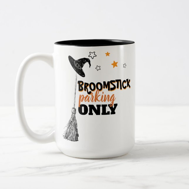 Halloween Witch Coffee Broomstick Parking Funny Two-Tone Coffee Mug (Left)