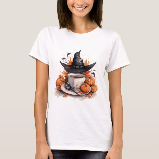 Halloween Witch Coffee Cup Pumpkin T-Shirt (Front)