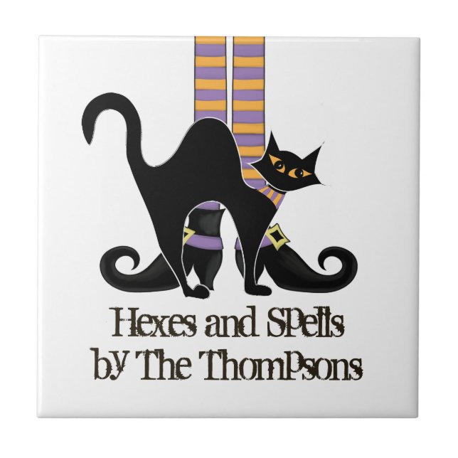 Halloween Witch Cute Black Cat Whimsical  Tile (Front)