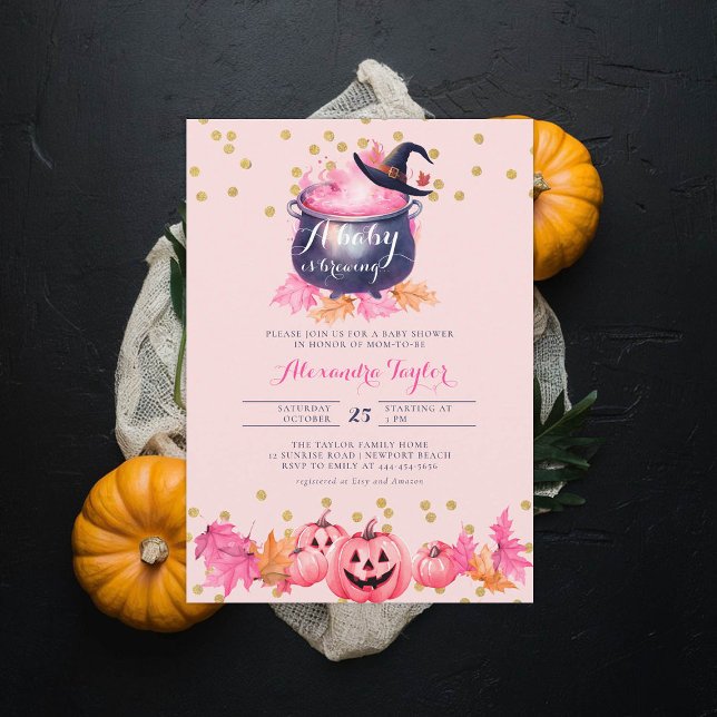 Halloween Witch Cute Fall Pink Baby Girl Shower Invitation (halloween baby shower witch cauldron pumpkin invitation october novermber fall leaves pink purple)