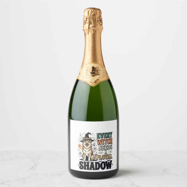 Halloween Witch Dog Spirits Sparkling Wine Label (Front)