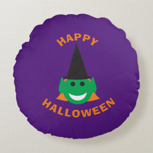 Halloween Witch Face Fun Cute Smiling Happy Purple Round Cushion