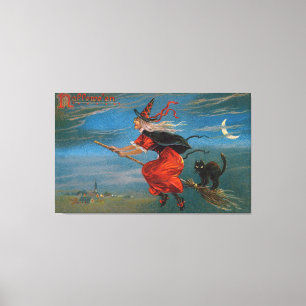 Halloween Witch Flying Black Cat at Night Canvas Print