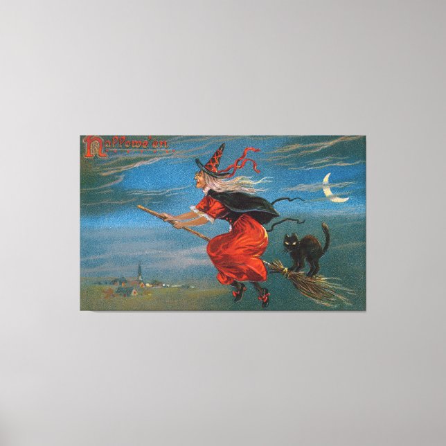 Halloween Witch Flying Black Cat at Night  Canvas Print (Front)