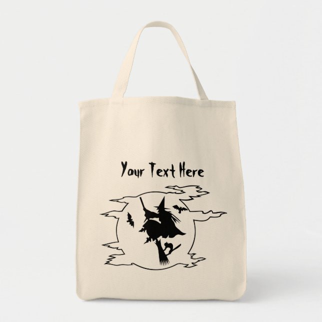 Halloween witch flying broomstick with cat and bat tote bag (Front)