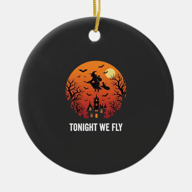 Halloween Witch Flying Night Graphic Design_1 Ceramic Tree Decoration (Front)