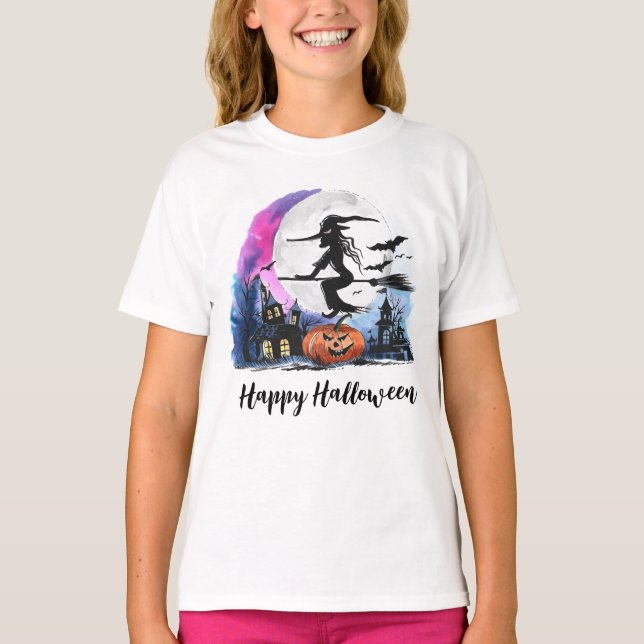  Halloween Witch Flying Over Haunted House  T-Shirt (Front)