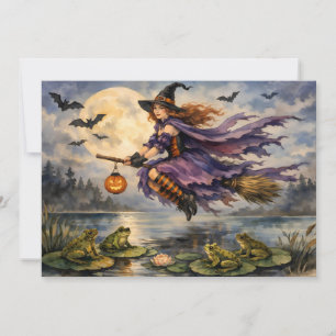 Halloween Witch Flying Over the Pond with Frogs Card