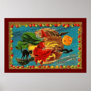 Halloween witch Flying Poster In Red