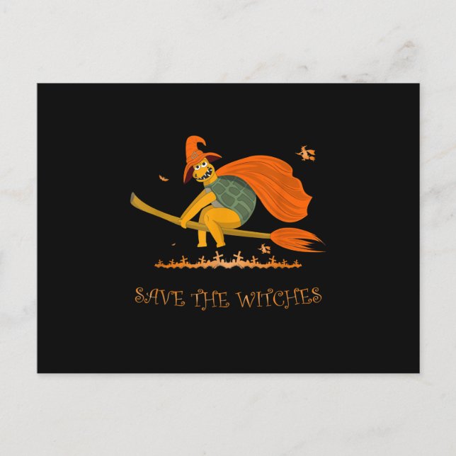 Halloween Witch Flying Turtle Broom Salem Invitation Postcard (Front)