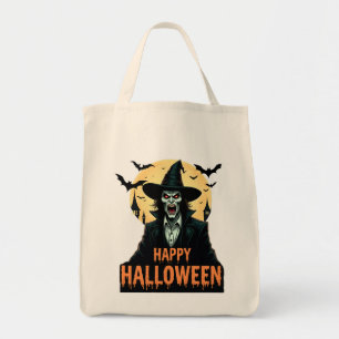 halloween, witch, full moon, bats, spooky, horror, tote bag