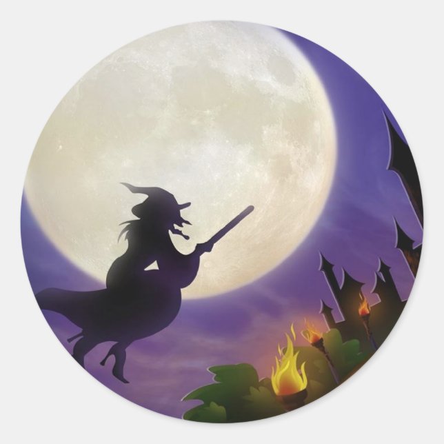 Halloween Witch Full Moon Classic Round Sticker (Front)