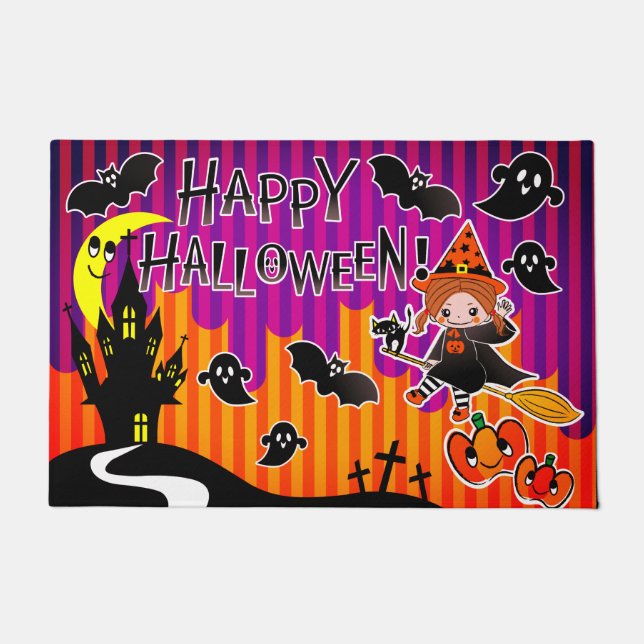 Halloween Witch Ghost And Bats Doormat (Front)