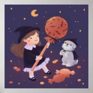 Halloween Witch Girl & Puppy Illustration Poster