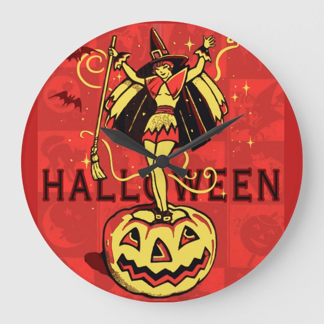 Halloween Witch Girl (vintage) Large Clock (Front)