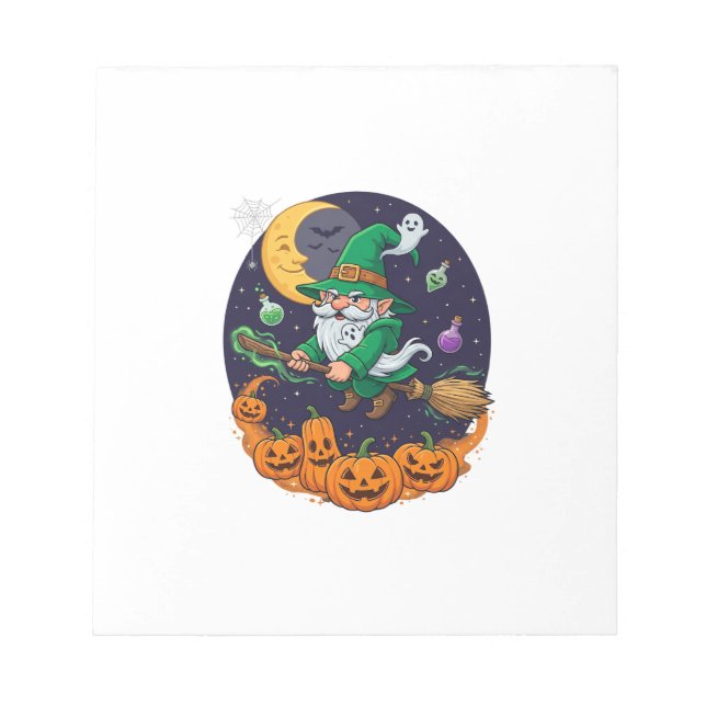Halloween Witch Gnome Broomstick Pumpkins Moon Notepad (Front)