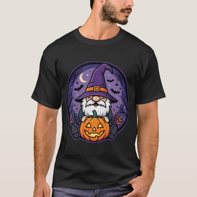 Halloween Witch Gnome Pumpkin Night Design T-Shirt (Front)