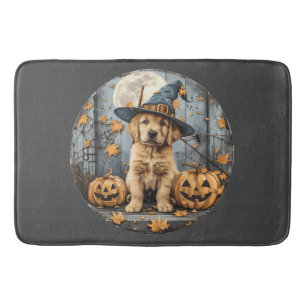 Halloween Witch Golden Retriever Puppy Pumpkins Bath Mat