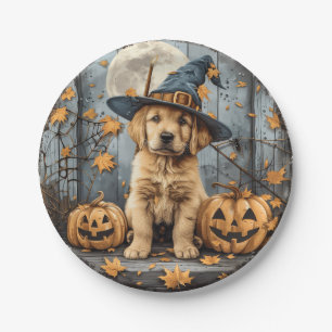 Halloween Witch Golden Retriever Puppy Pumpkins Paper Plate
