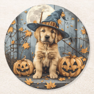 Halloween Witch Golden Retriever Puppy Pumpkins Round Paper Coaster