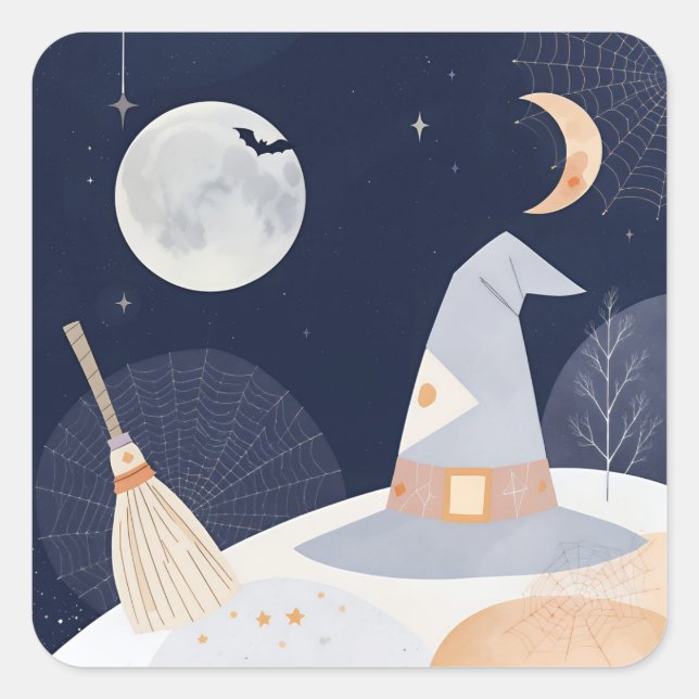 Halloween Witch Hat and Moon Night Square Sticker (Front)