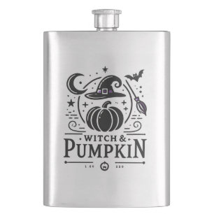 Halloween Witch Hat and Pumpkin Design Magic Art Hip Flask