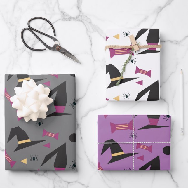 Halloween Witch Hat Candy Orange Black Purple Wrapping Paper Sheet (Front)
