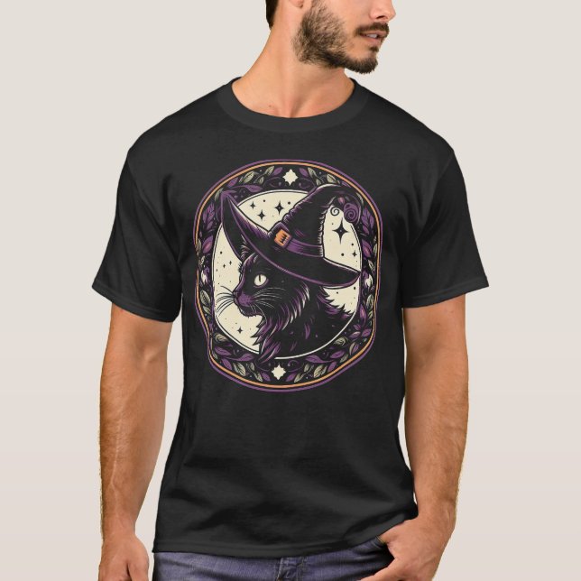 Halloween Witch Hat Cat Purple Petals T-Shirt (Front)