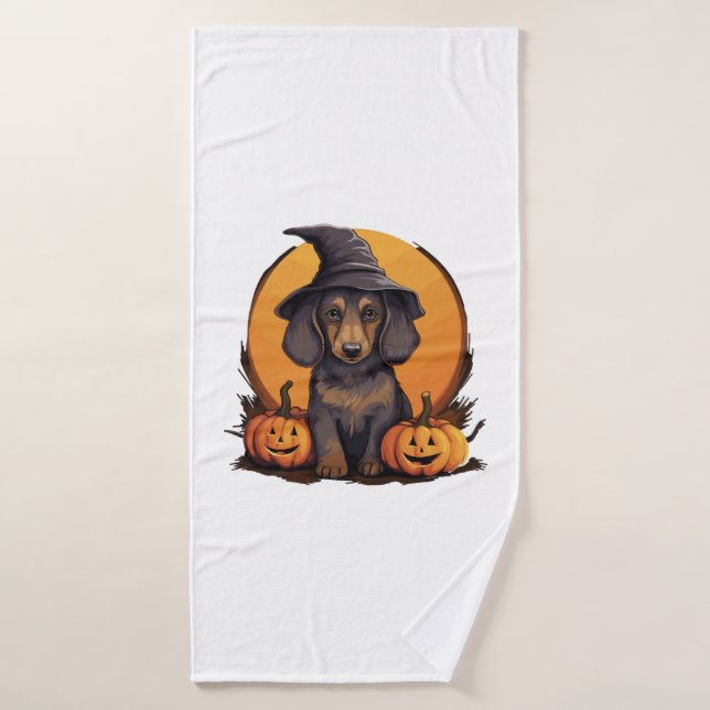Halloween Witch Hat Pumpkin Dog Dachshund Bath Towel (Bath Towel)