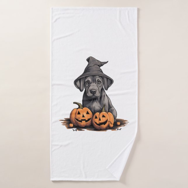 Halloween Witch Hat Pumpkin Dog Great Dane Bath Towel (Bath Towel)
