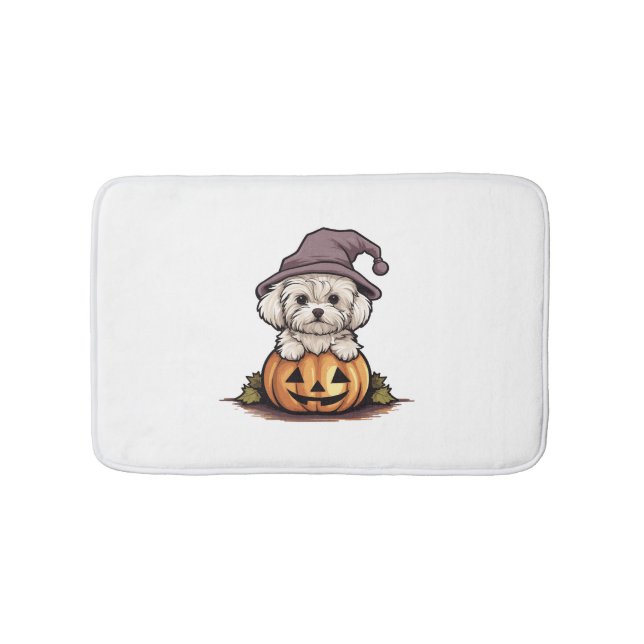Halloween Witch Hat Pumpkin Dog Maltese Bath Mat (Front)