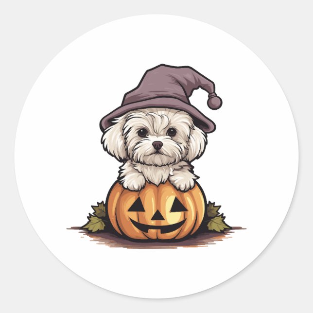 Halloween Witch Hat Pumpkin Dog Maltese Classic Round Sticker (Front)