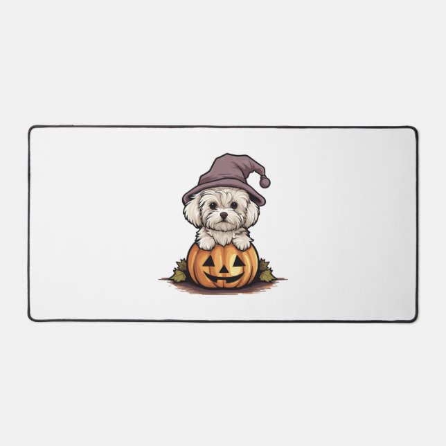 Halloween Witch Hat Pumpkin Dog Maltese Desk Mat (Front)