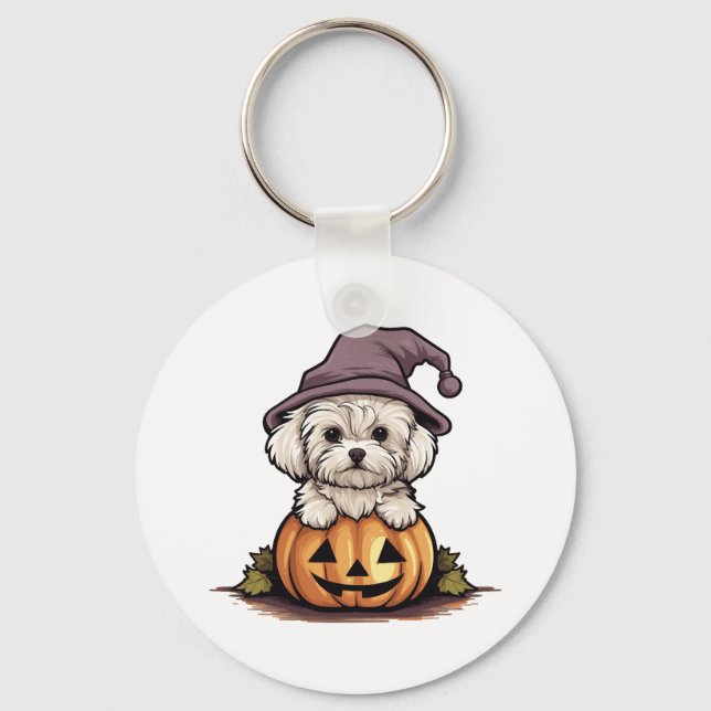 Halloween Witch Hat Pumpkin Dog Maltese Key Ring (Front)