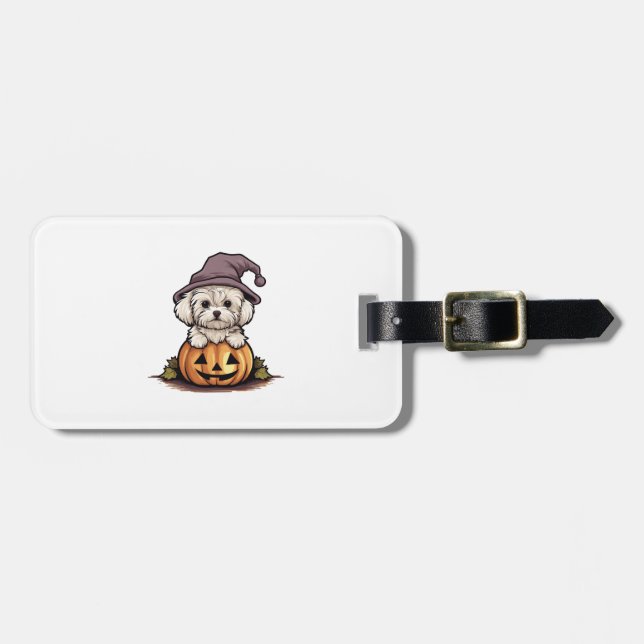 Halloween Witch Hat Pumpkin Dog Maltese Luggage Tag (Front Horizontal)