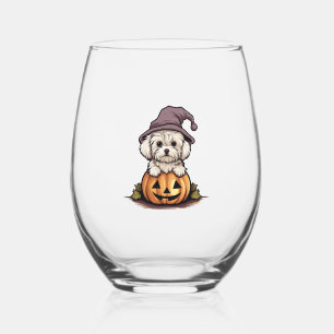 Halloween Witch Hat Pumpkin Dog Maltese Stemless Wine Glass