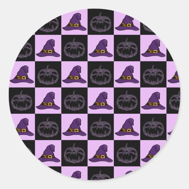 Halloween Witch Hat Pumpkin Face Spooky Pattern Classic Round Sticker (Front)