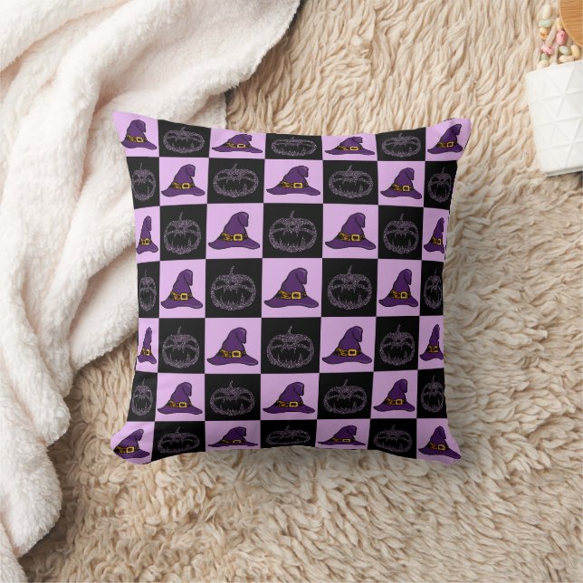 Halloween Witch Hat Pumpkin Face Spooky Pattern Cushion (Blanket)