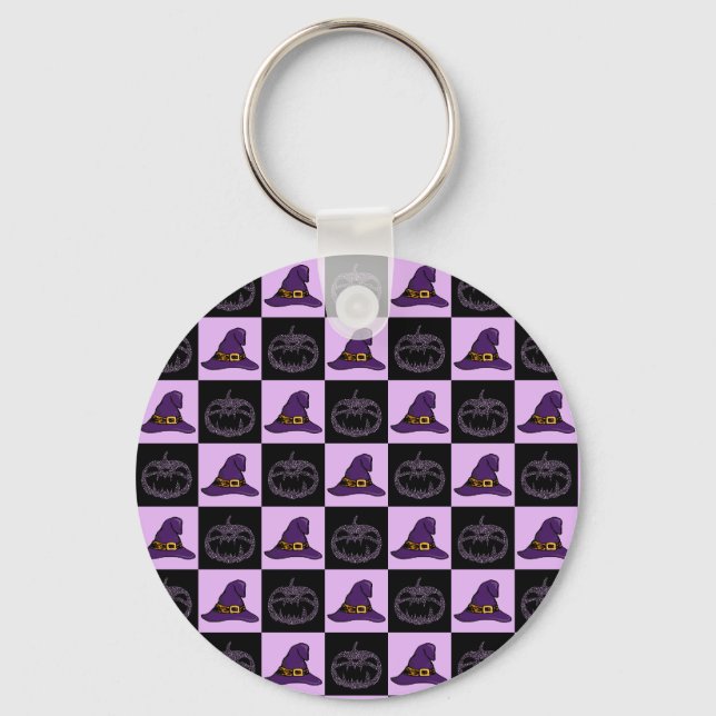 Halloween Witch Hat Pumpkin Face Spooky Pattern Key Ring (Front)