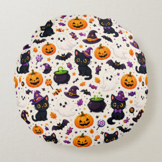 Halloween Witch Hats And Cats Pattern 🧙 Round Cushion
