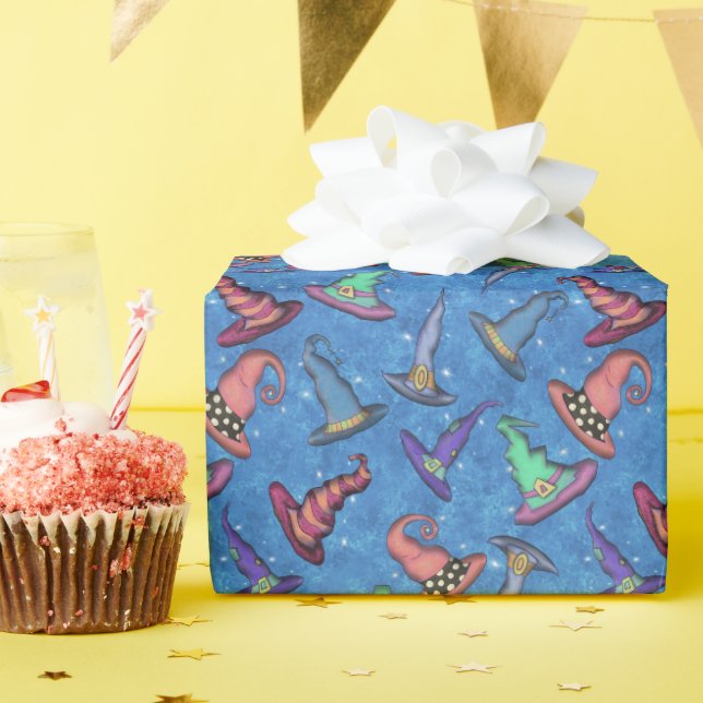 Halloween Witch Hats on Blue  Wrapping Paper (Birthday Party)
