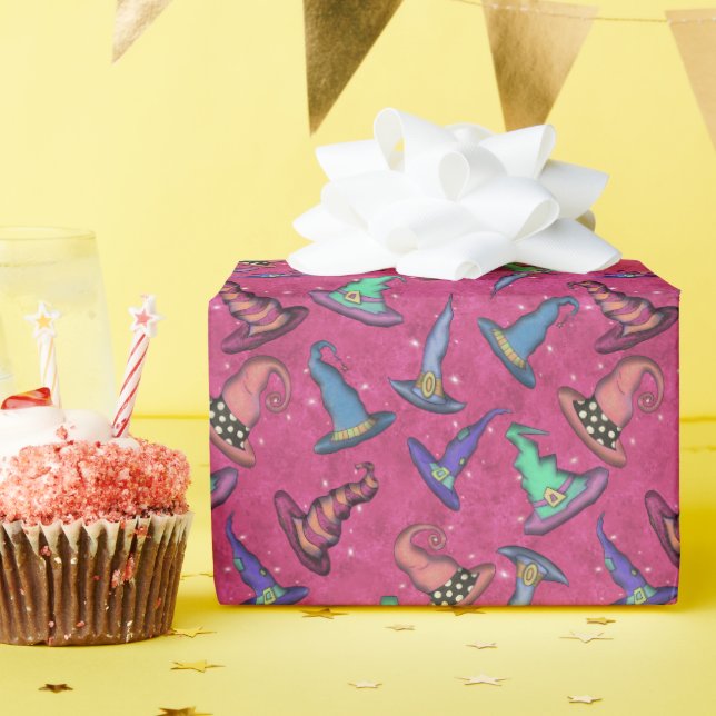 Halloween Witch Hats on Pink  Wrapping Paper (Birthday Party)