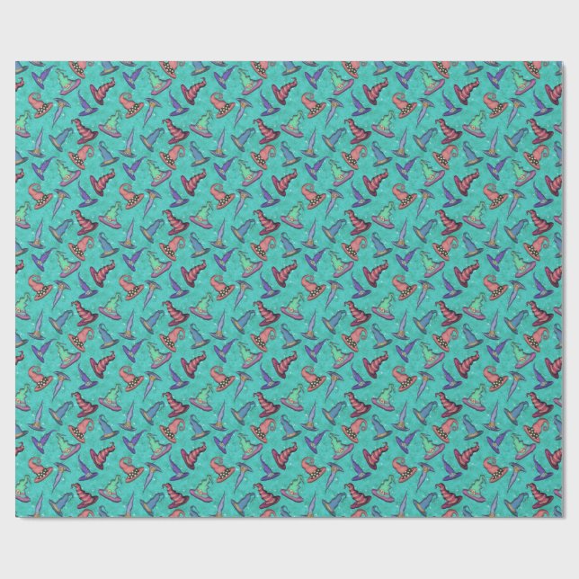 Halloween Witch Hats on Teal Blue  Wrapping Paper (Flat)
