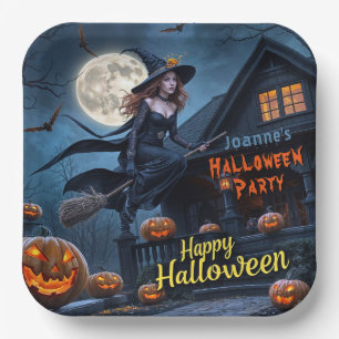 Halloween Witch Haunted House Pumpkins Fullmoon Paper Plate