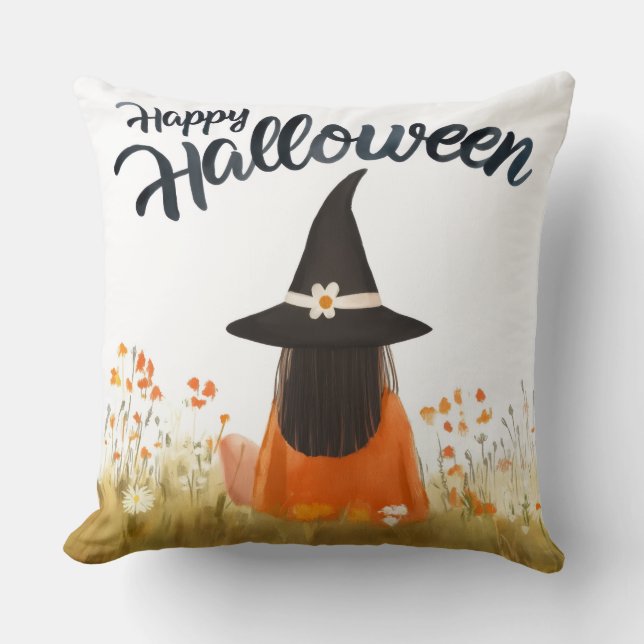 Halloween Witch in Flower Field Cushion (Front)