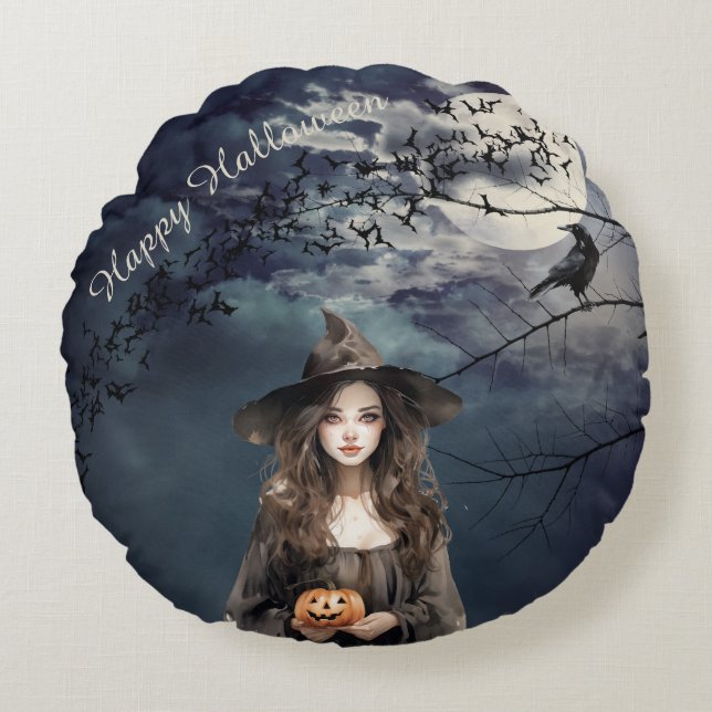 Halloween Witch in Moonlight  Round Cushion (Front)